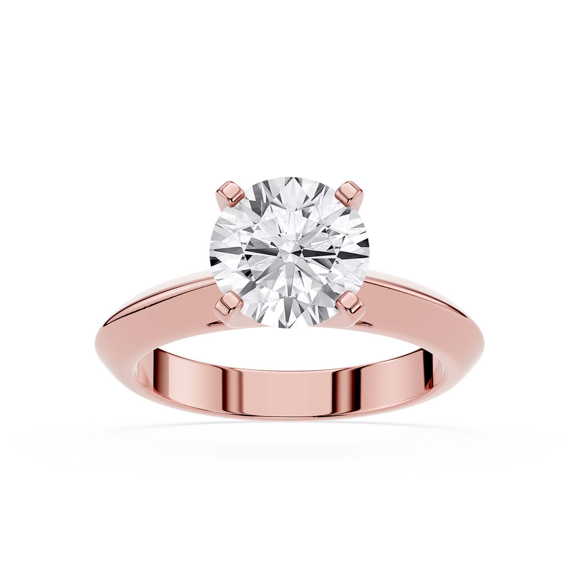 Rose gold ring with a large diamond on a white background