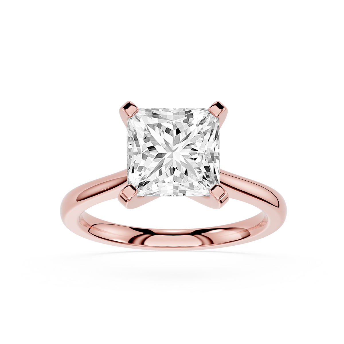 Rose gold solitaire ring with a four-prong princess-cut lab-grown diamond.