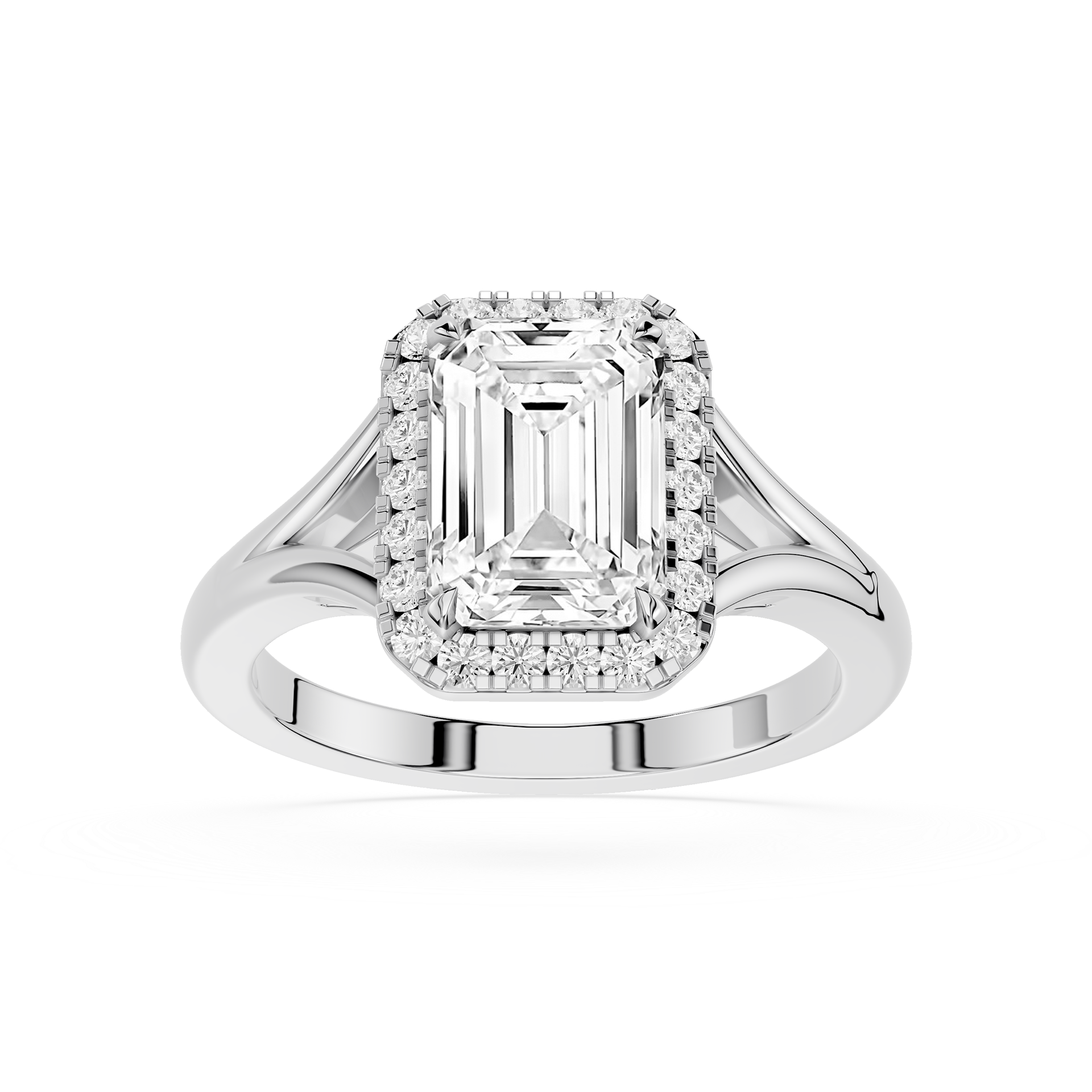 Emerald Cut Lab Diamond Halo Split Shank Ring