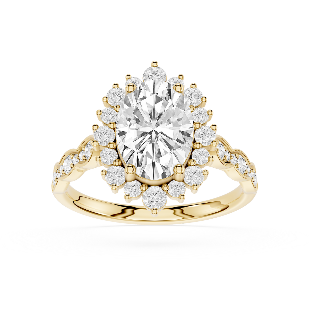 2.00 carat weight oval cut lab-grown diamond floral halo yellow gold engagement ring for a woman.