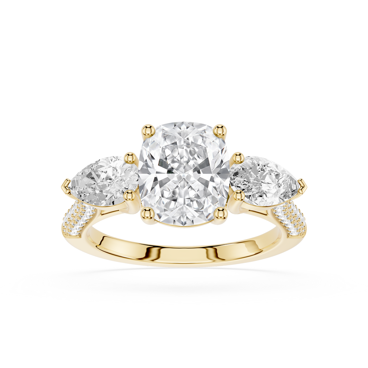 3-carat cushion-cut three-stone 14kt yellow gold engagement ring.