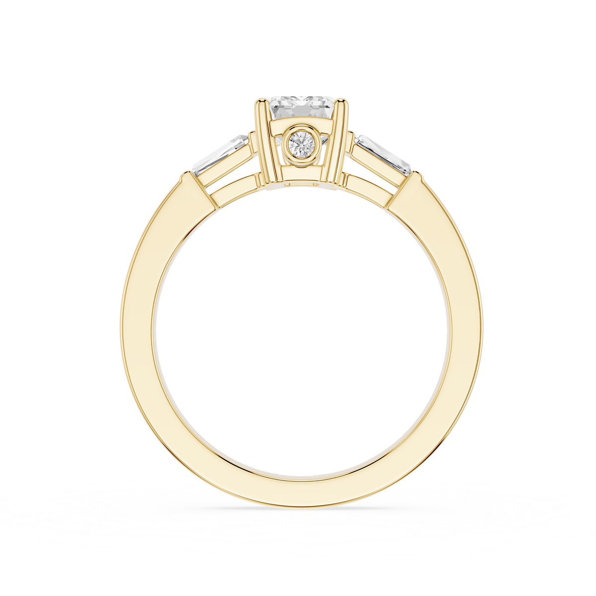 Emerald-cut three-stone lab-grown diamond ring for women, set in a yellow gold band.