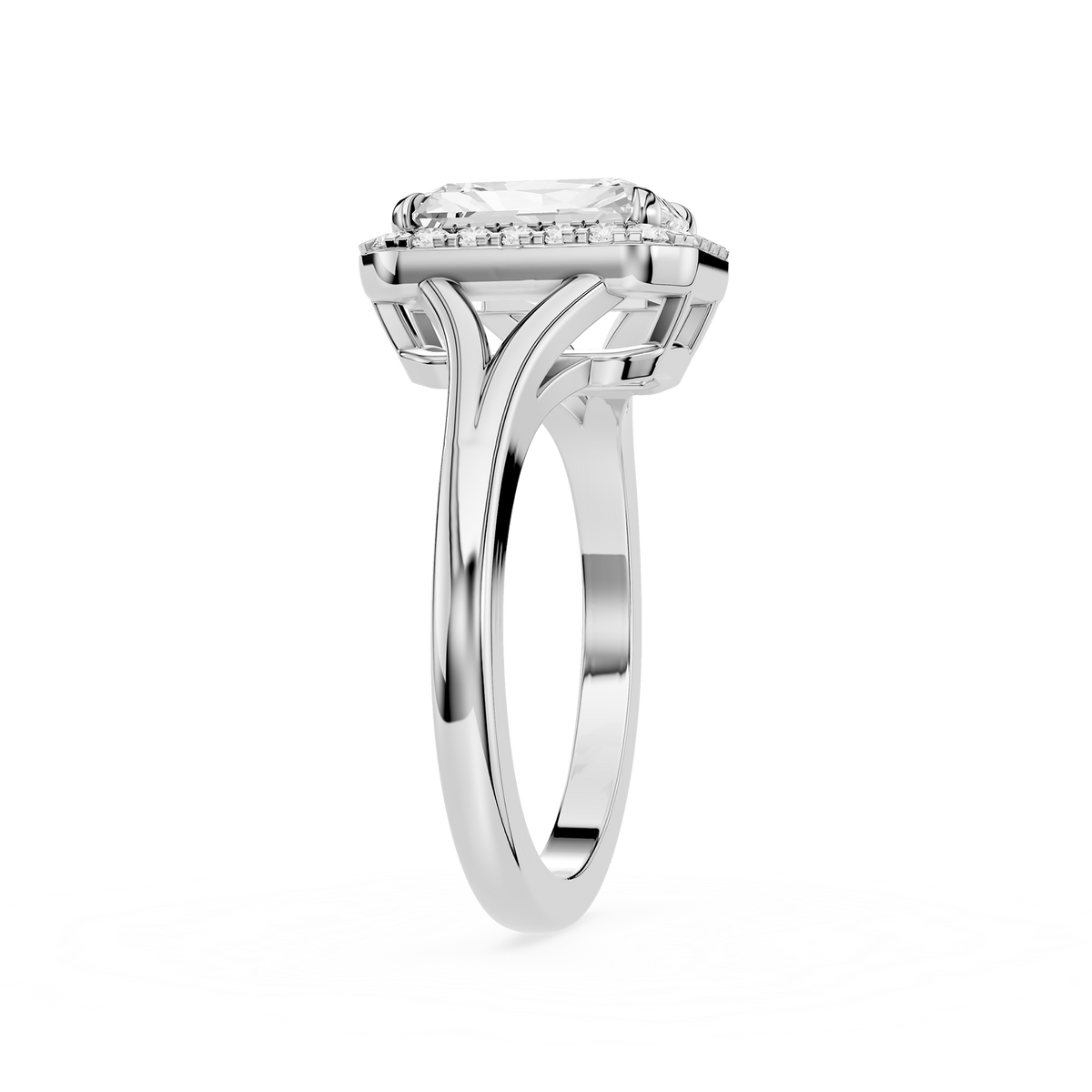 White gold radiant-shaped halo lab-grown diamond engagement ring.