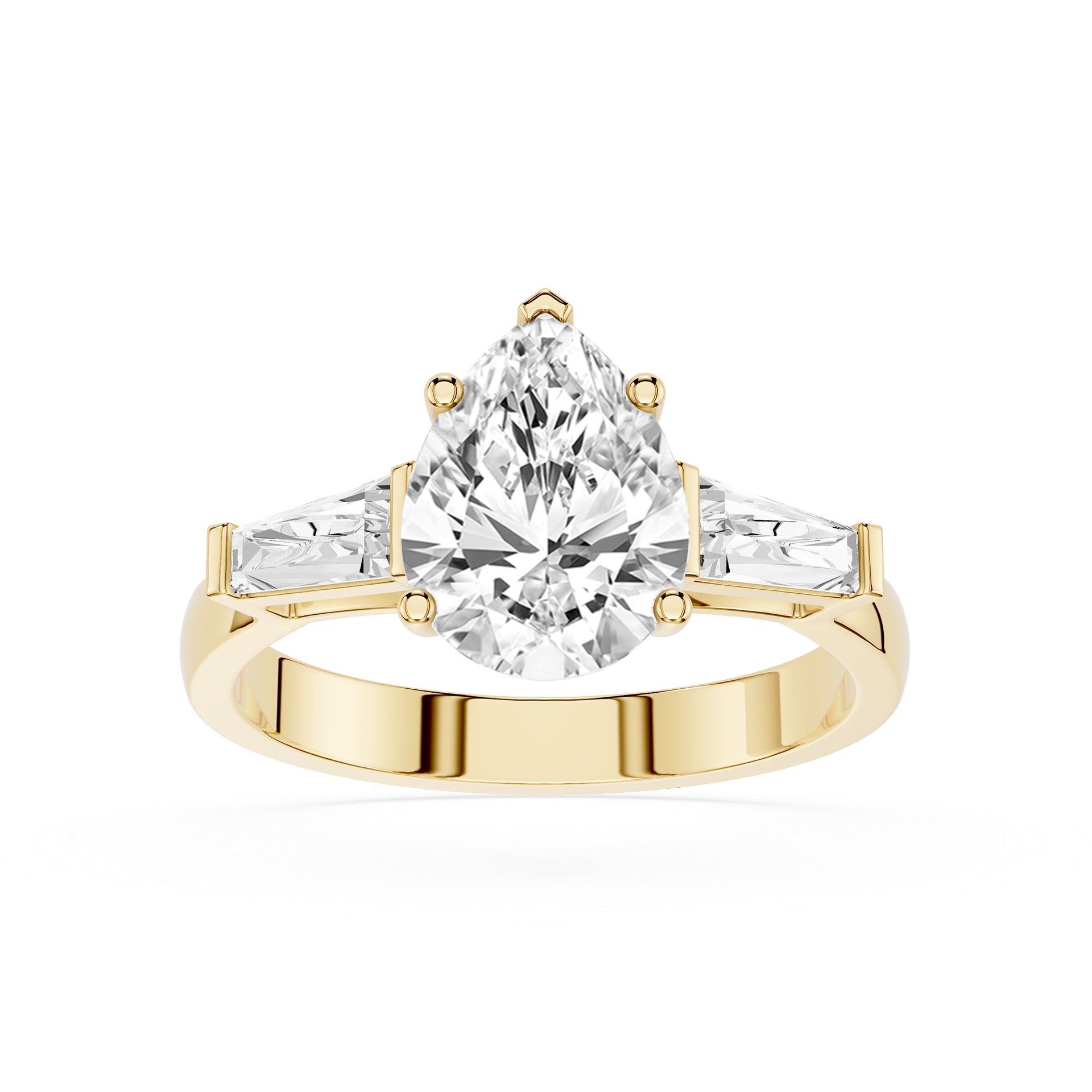 Gold ring with a large pear-shaped diamond on a white background