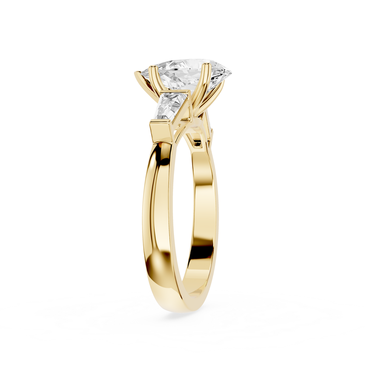 Yellow gold pear-cut three-stone prong-setting lab-grown diamond engagement ring.