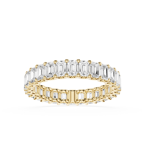 A yellow gold eternity ring featuring a double row of baguette-cut clear gemstones, shown on a clean white background.