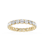 A yellow gold eternity ring featuring a continuous row of round brilliant-cut diamonds set in a polished band, shown against a solid white background.
