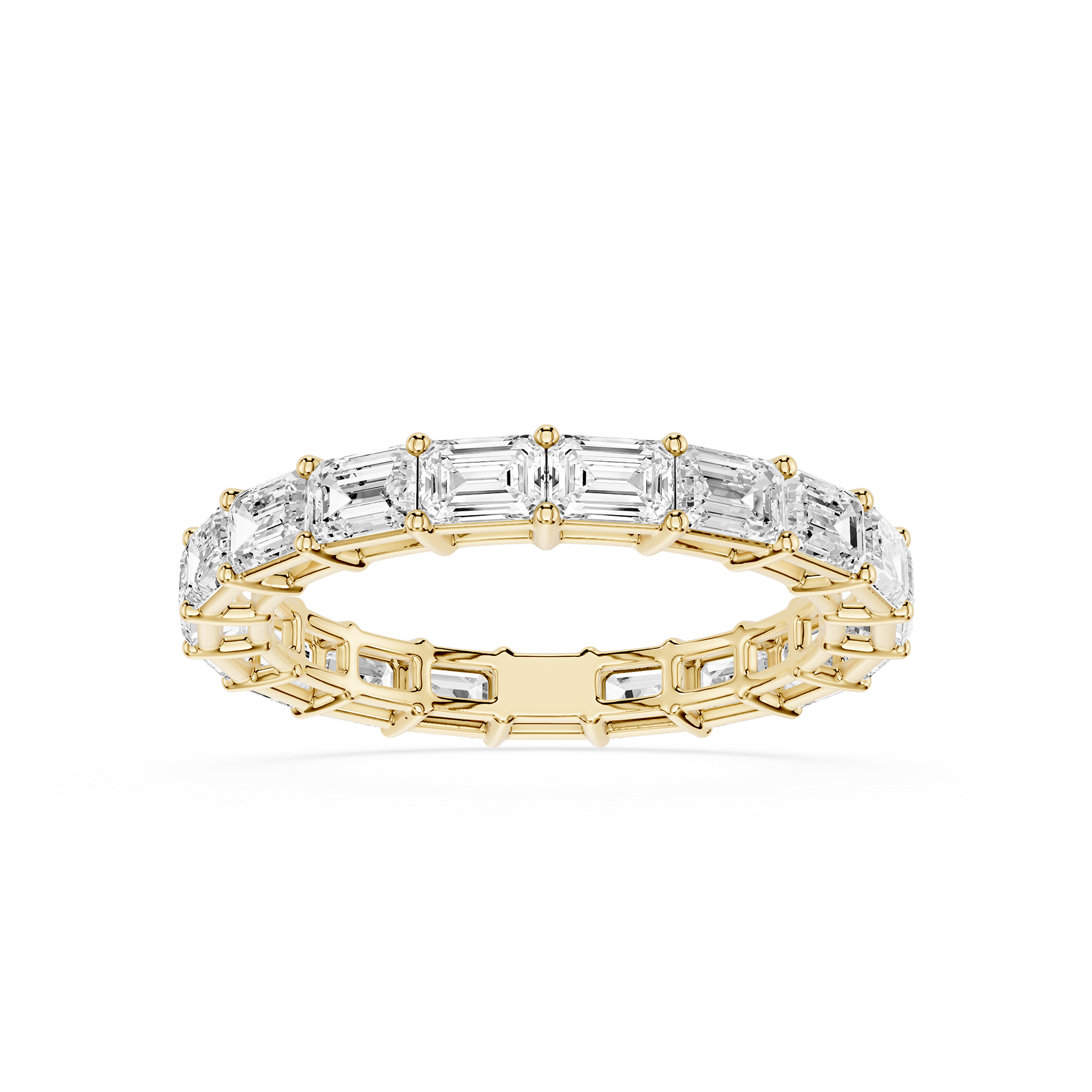 A rose gold eternity ring featuring a continuous line of baguette-cut clear gemstones, shown on a clean white background.