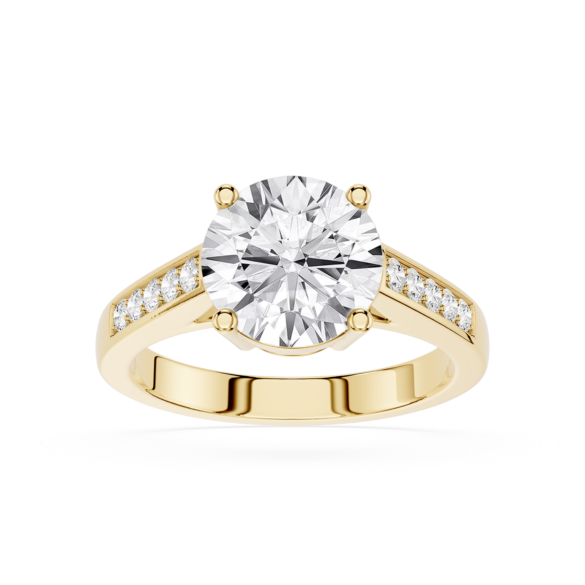 A yellow gold engagement ring featuring a large round-cut diamond center stone and smaller diamonds set along the shoulders, shown on a clean white background.