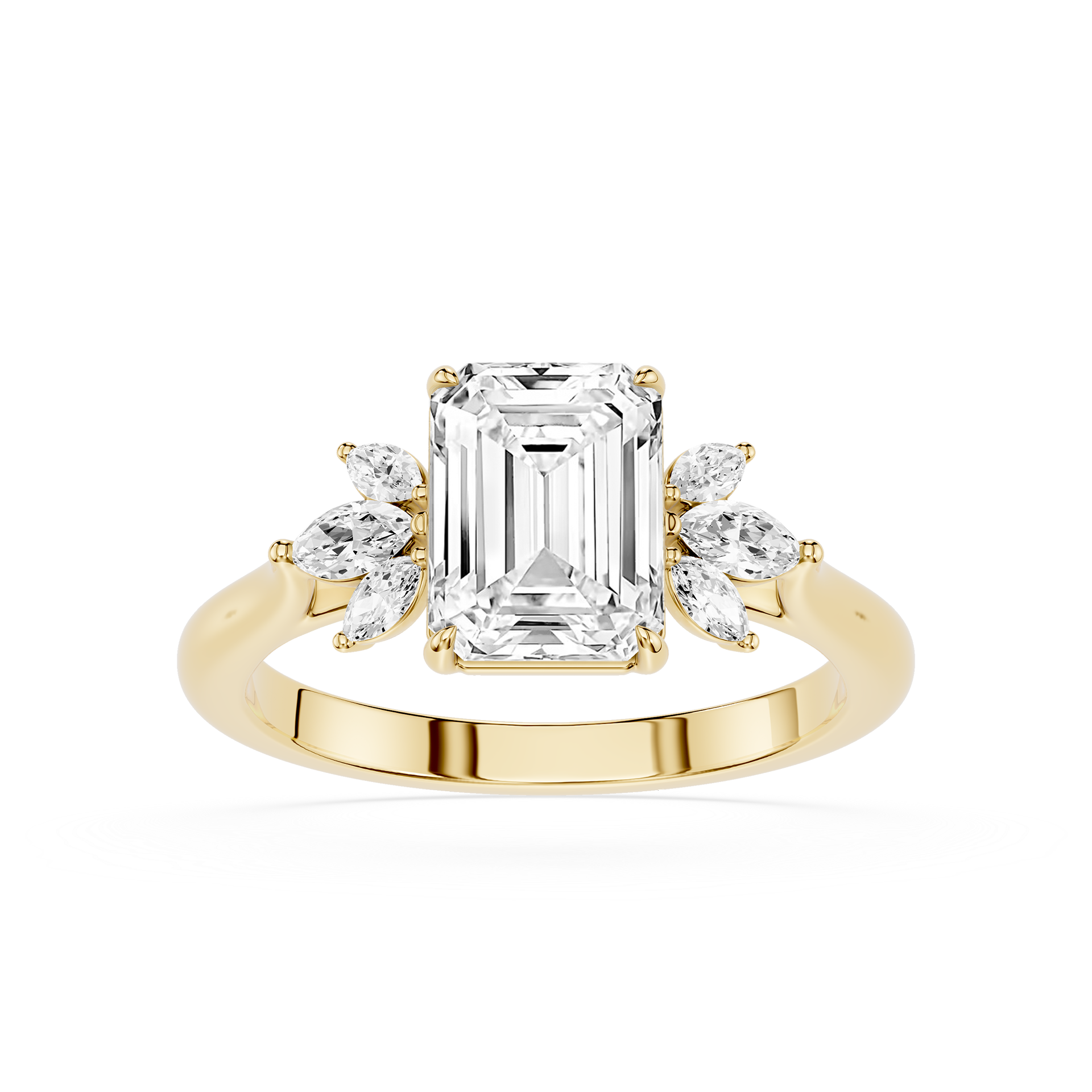 A yellow gold engagement ring featuring a large emerald-cut center diamond flanked by smaller marquise-cut side diamonds, set on a polished band against a white background.