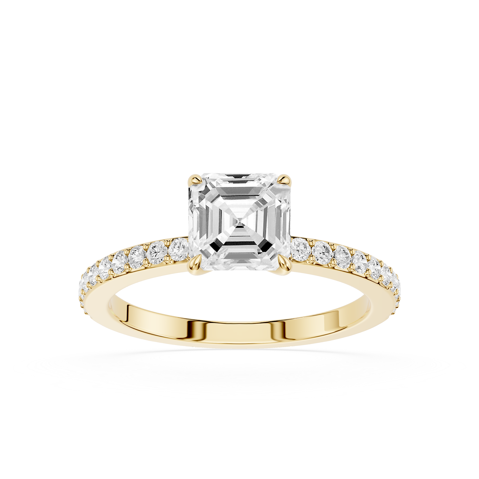 An emerald-cut diamond engagement ring in yellow gold, featuring a square center stone and a pavé-set diamond band, shown on a plain white background.