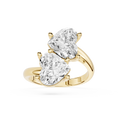 A yellow gold ring featuring two large pear-cut clear gemstones in a split-prong setting, shown on a clean white background.