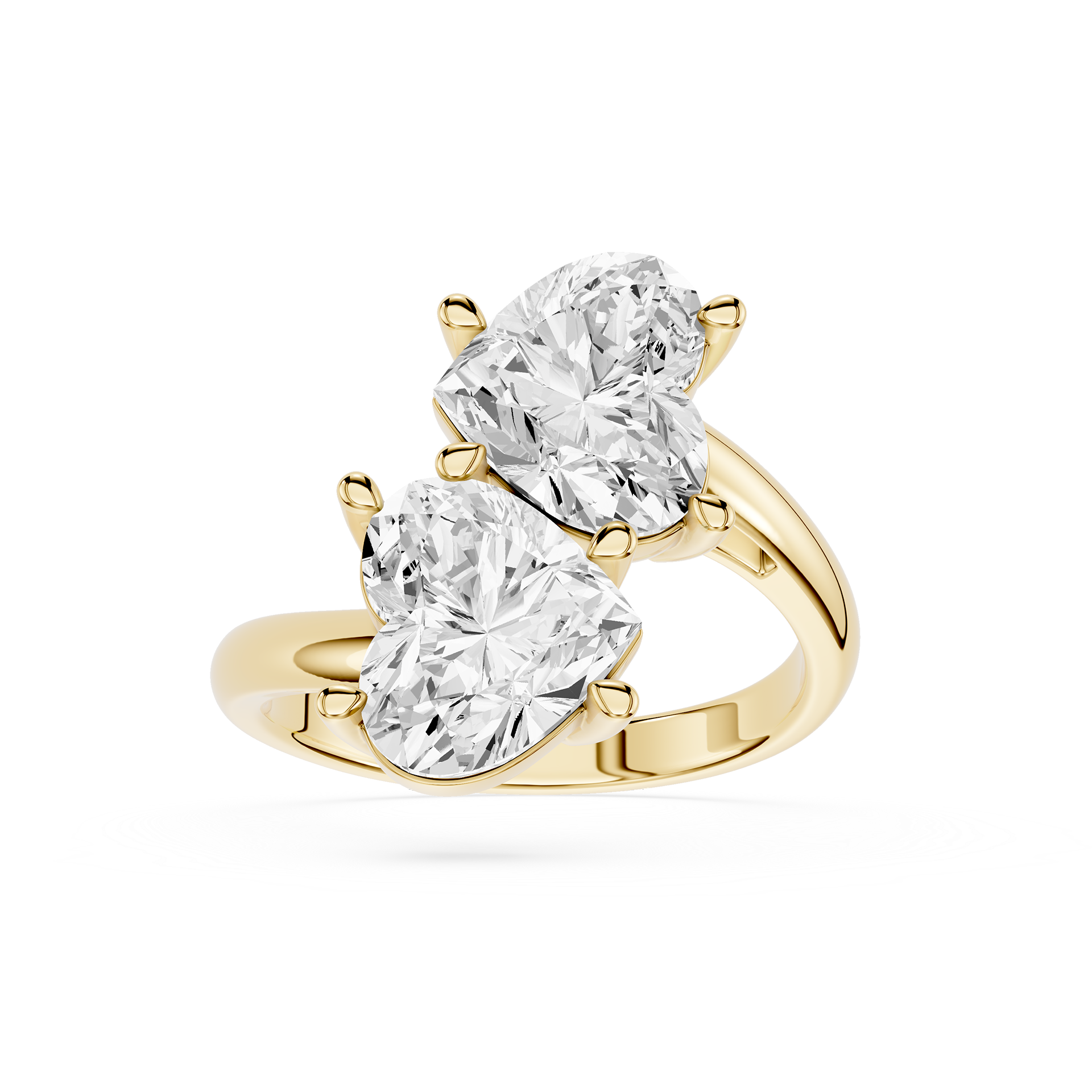 A yellow gold ring featuring two large pear-cut clear gemstones in a split-prong setting, shown on a clean white background.