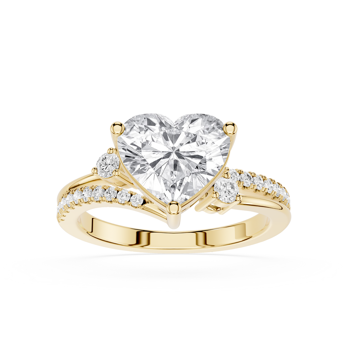 A yellow-gold heart-shaped diamond engagement ring with a pavé band for women.