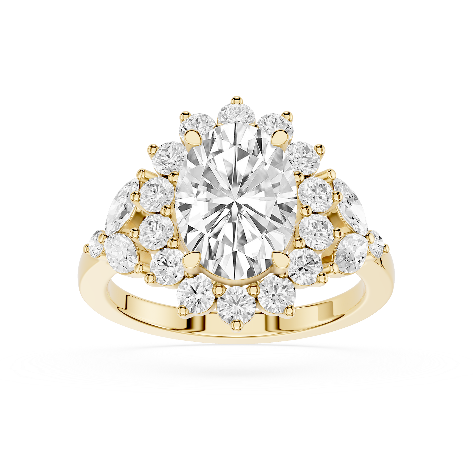 A yellow gold ring featuring a large oval-cut clear center stone surrounded by a cluster of smaller round and marquise-cut clear stones, shown on a plain white background.