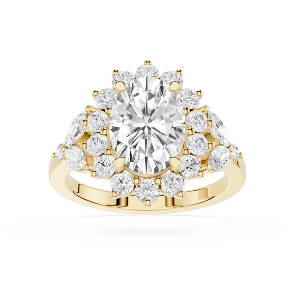 A yellow gold ring featuring a large oval-cut clear center stone surrounded by a cluster of smaller round and marquise-cut clear stones, shown on a plain white background.