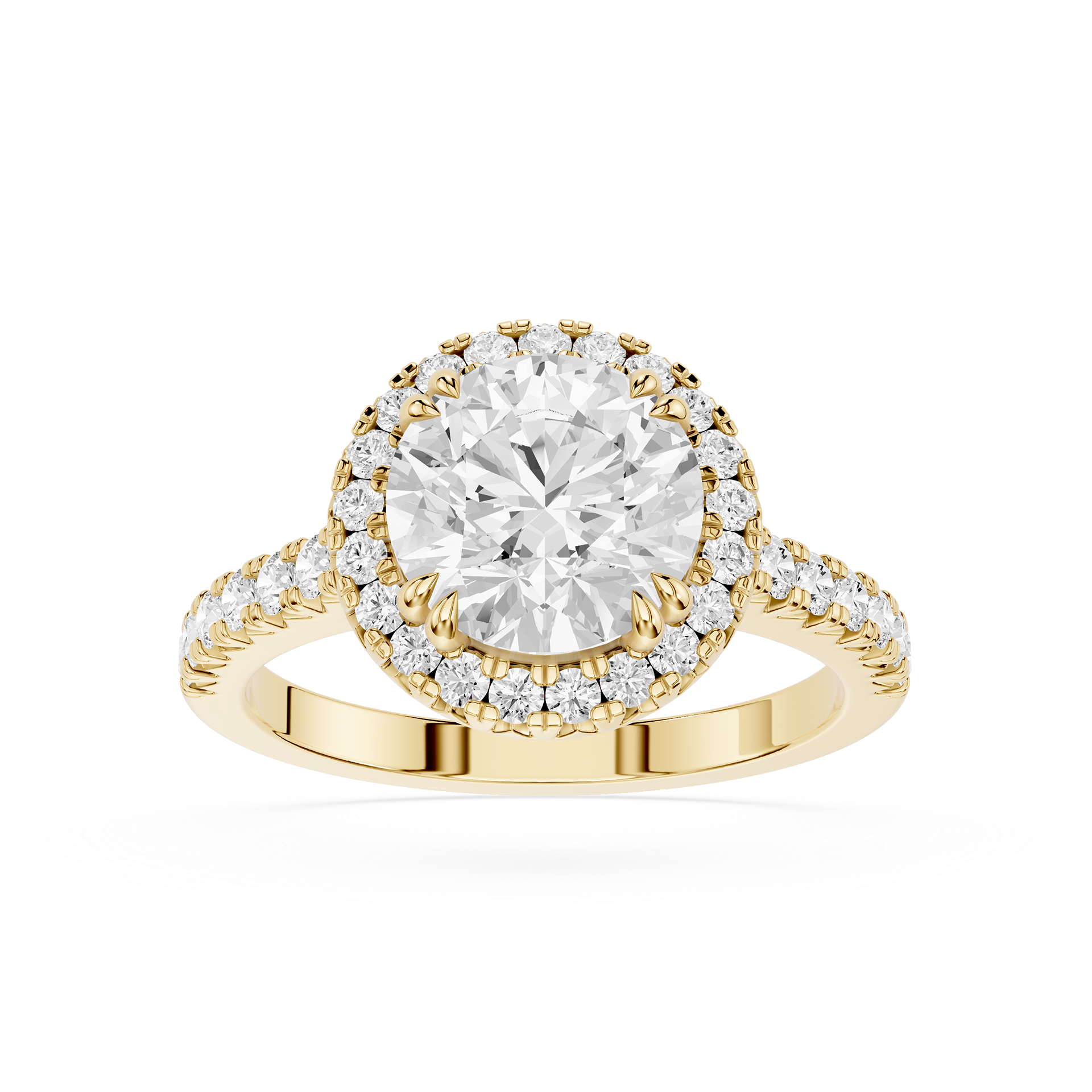 A yellow gold halo ring featuring a round-cut center diamond surrounded by a double halo of smaller diamonds, with a shank paved with small diamonds, shown on a white background.
