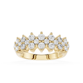 A yellow gold ring featuring a double row of round-cut clear gemstones in a prong setting, displayed on a clean white background.
