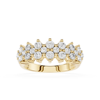 A yellow gold ring featuring a double row of round-cut clear gemstones in a prong setting, displayed on a clean white background.
