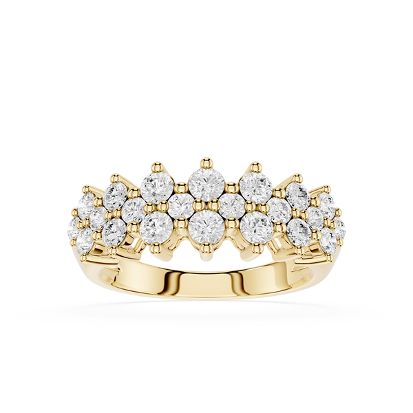 A yellow gold ring featuring a double row of round-cut clear gemstones in a prong setting, displayed on a clean white background.