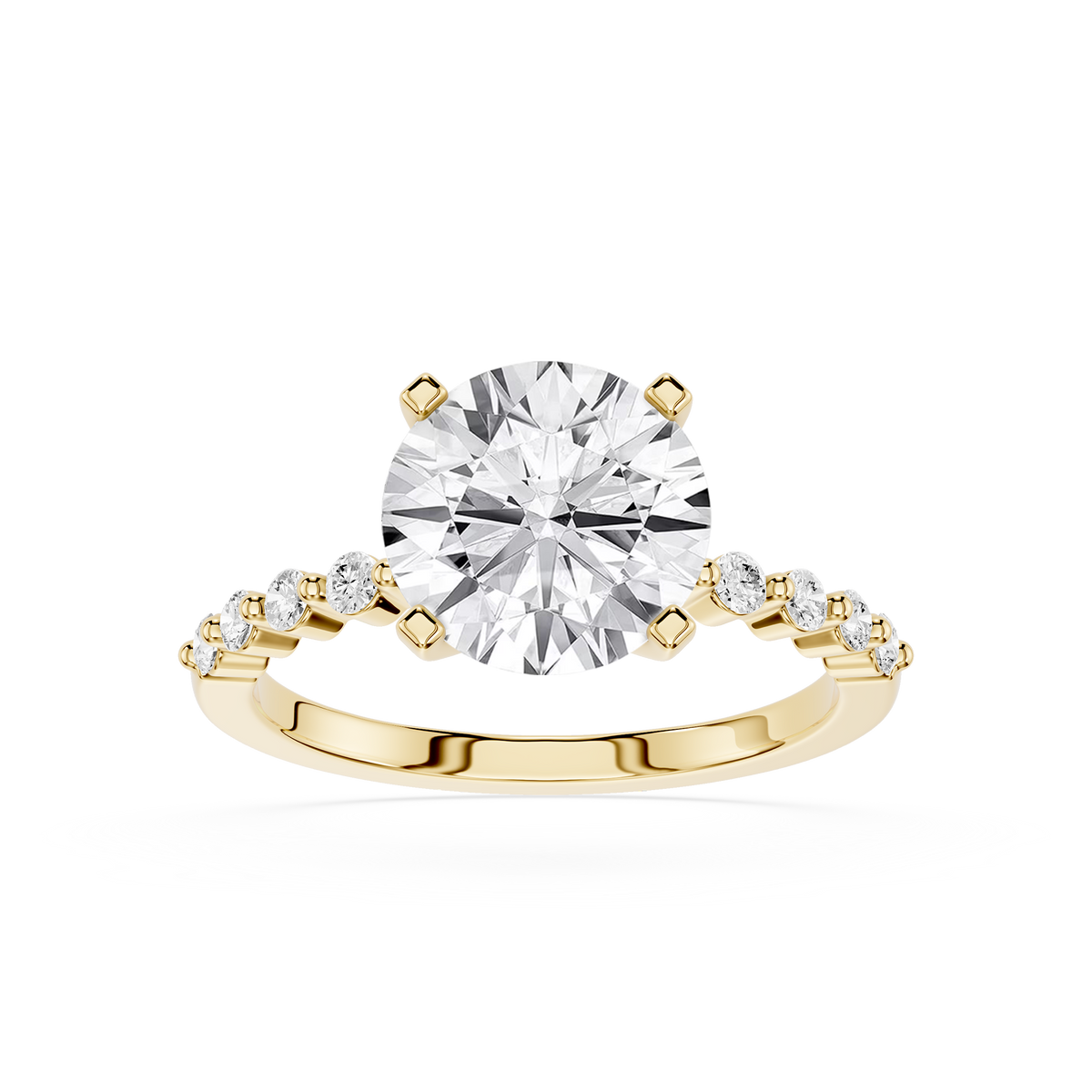 A yellow gold engagement ring featuring a round brilliant-cut diamond center stone and a pavé band with small diamonds.