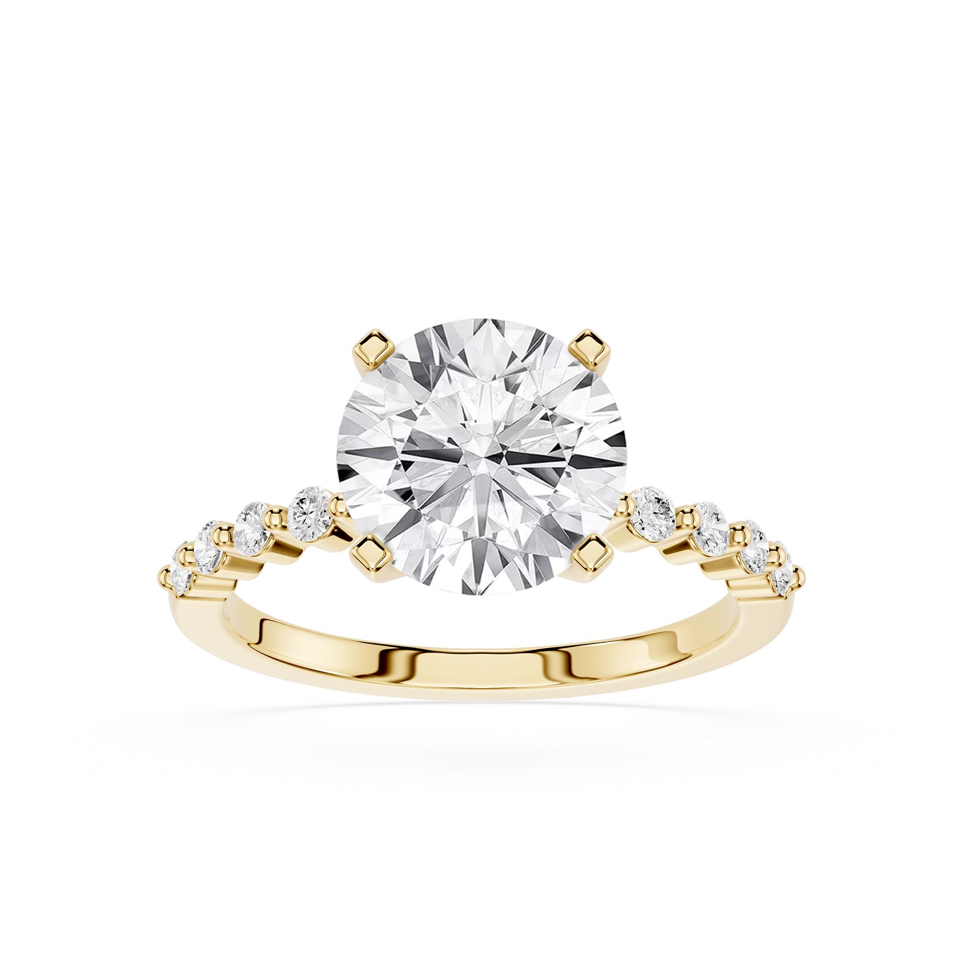 A yellow gold solitaire engagement ring featuring a round brilliant-cut diamond center stone and a pavé band with small round diamonds, set against a plain white background.
