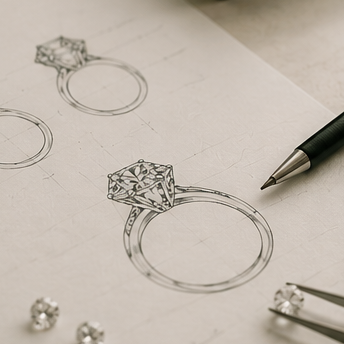 Collage of diamond jewelry including earrings, ring, and design sketches.