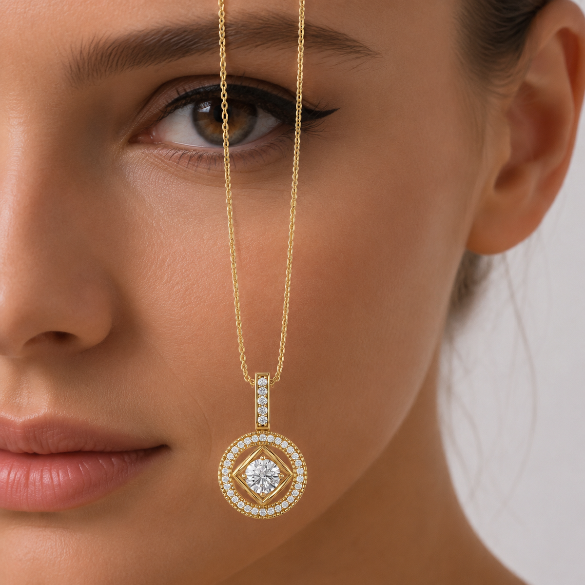 Round Lab Grown Diamond Geometric Halo Pendant Necklace