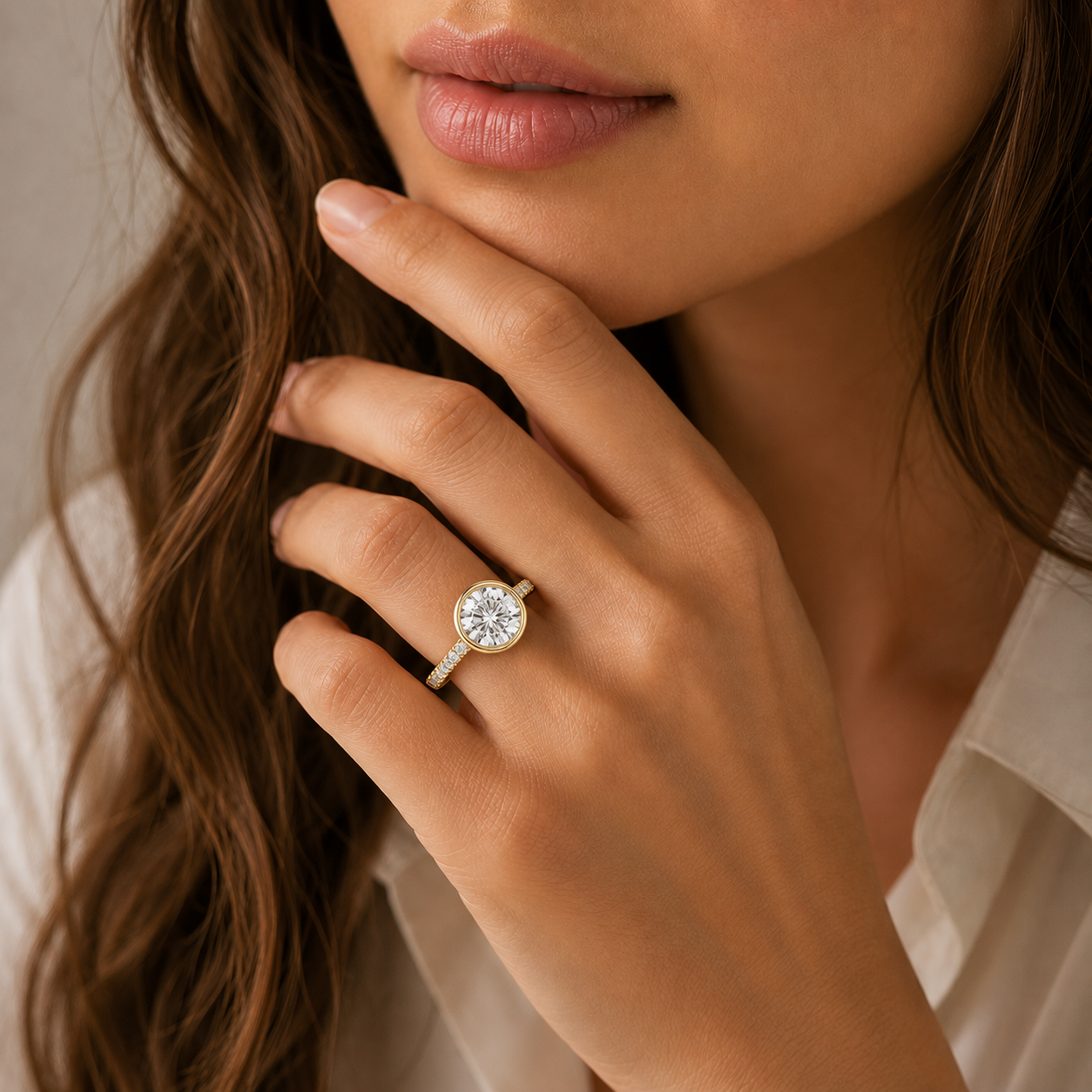 Round Cut Lab Grown Diamond Bezel Solitaire Accent Ring