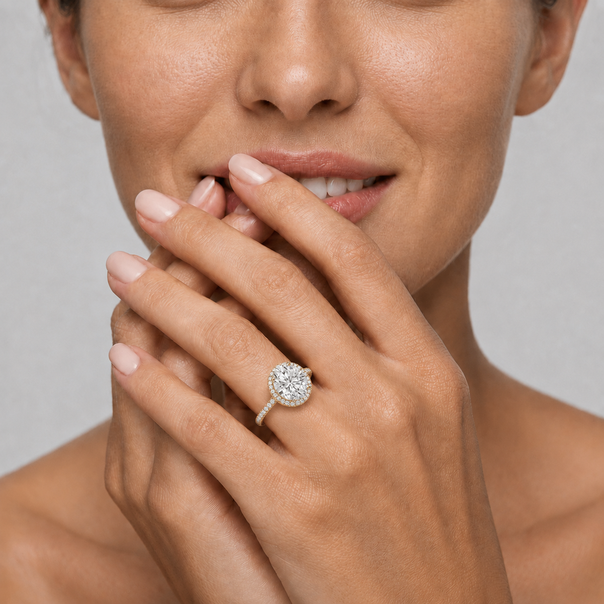 Round Cut Lab Grown Diamond Pave Halo Engagement Ring