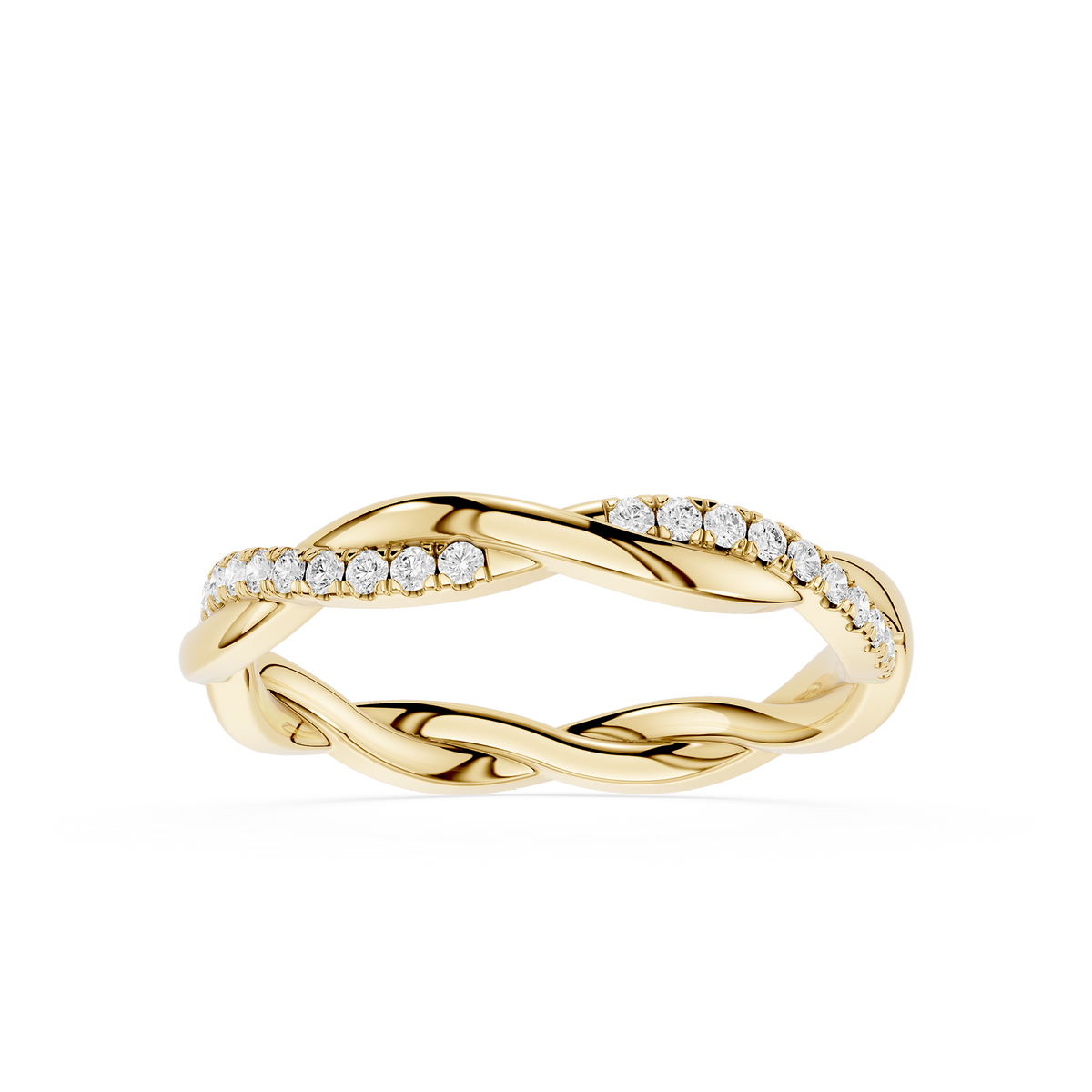 Round cut lab grown diamond twisted wedding band in yellow gold