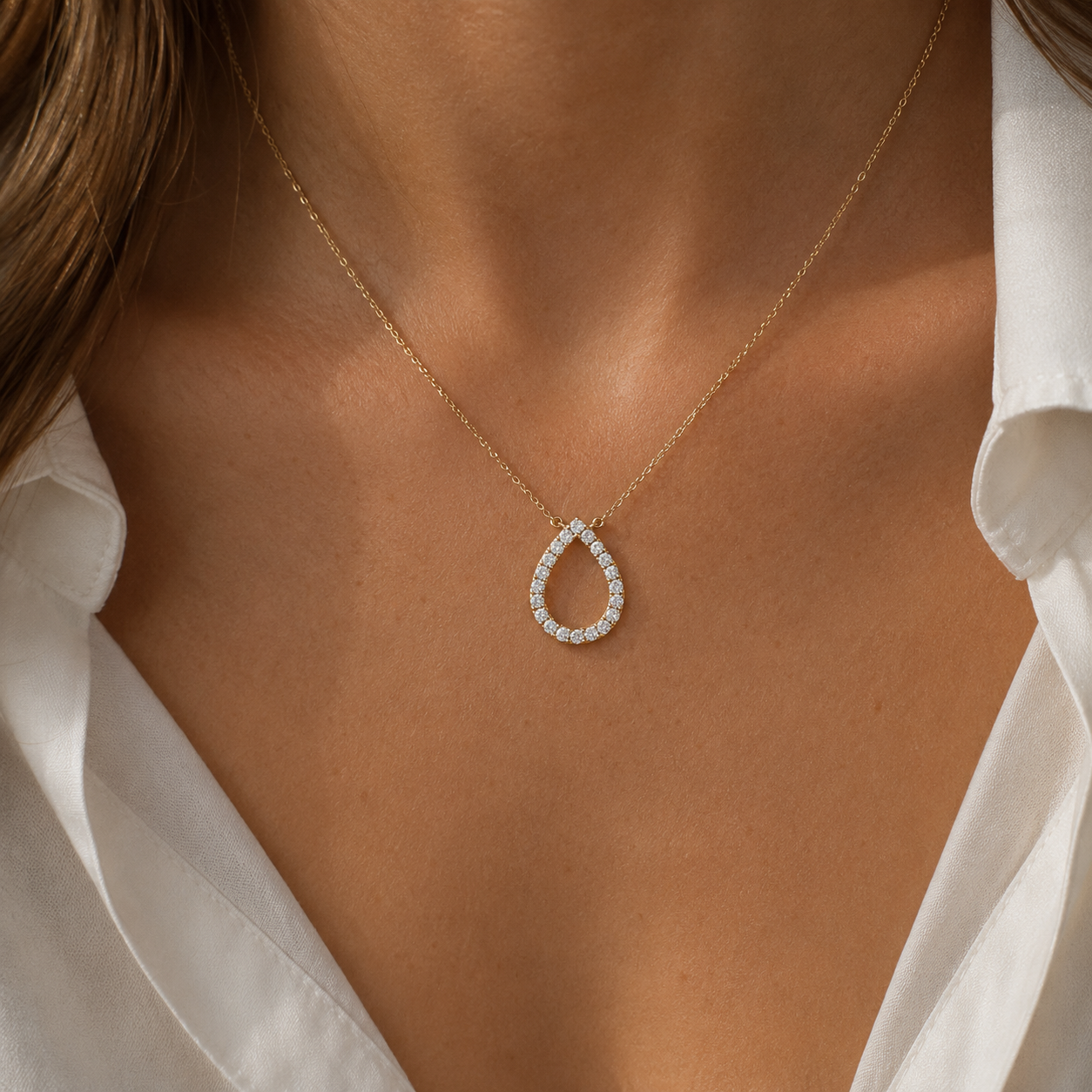 Round Lab Grown Diamond Open Teardrop Pendant Necklace