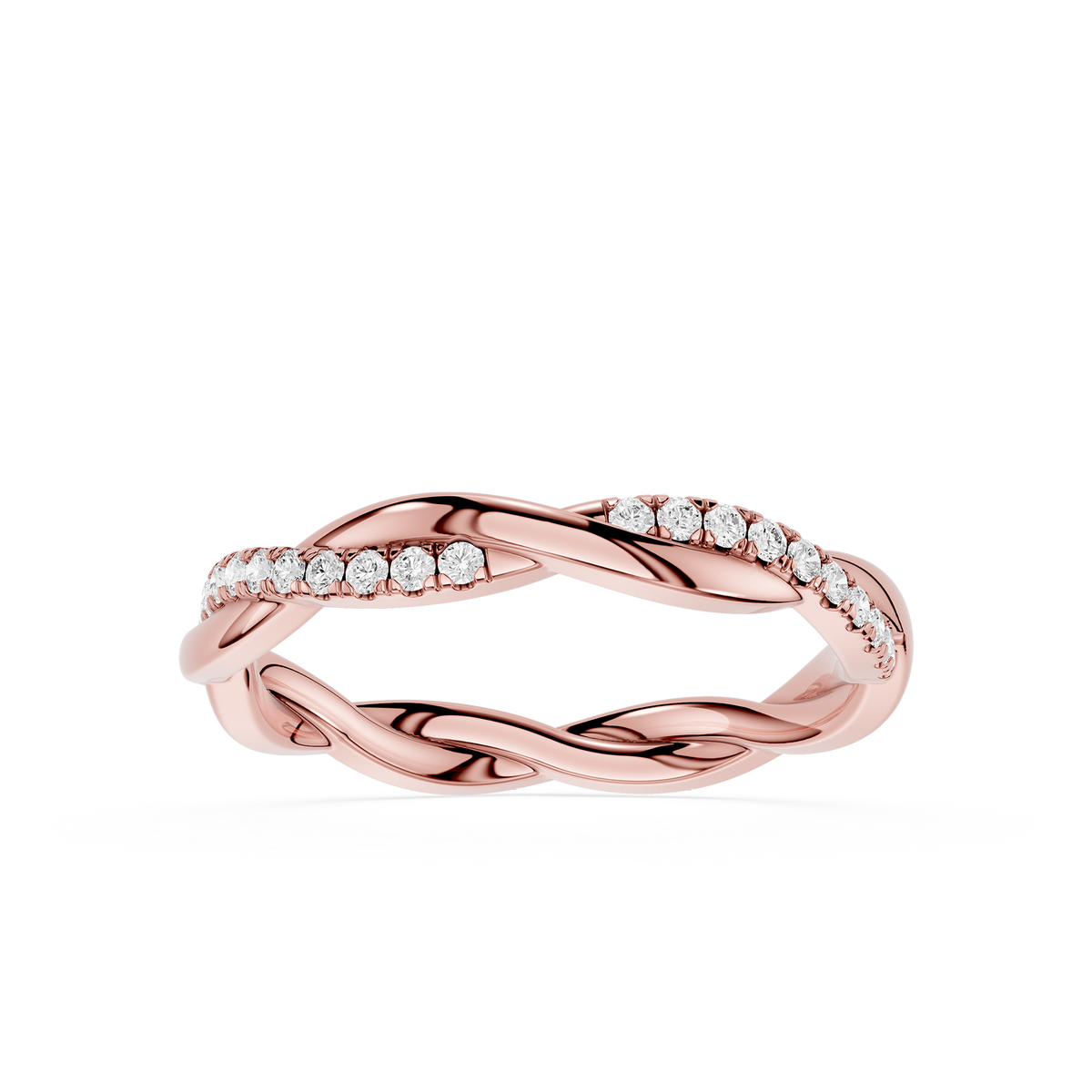 Round cut lab grown diamond twisted wedding band in rose gold