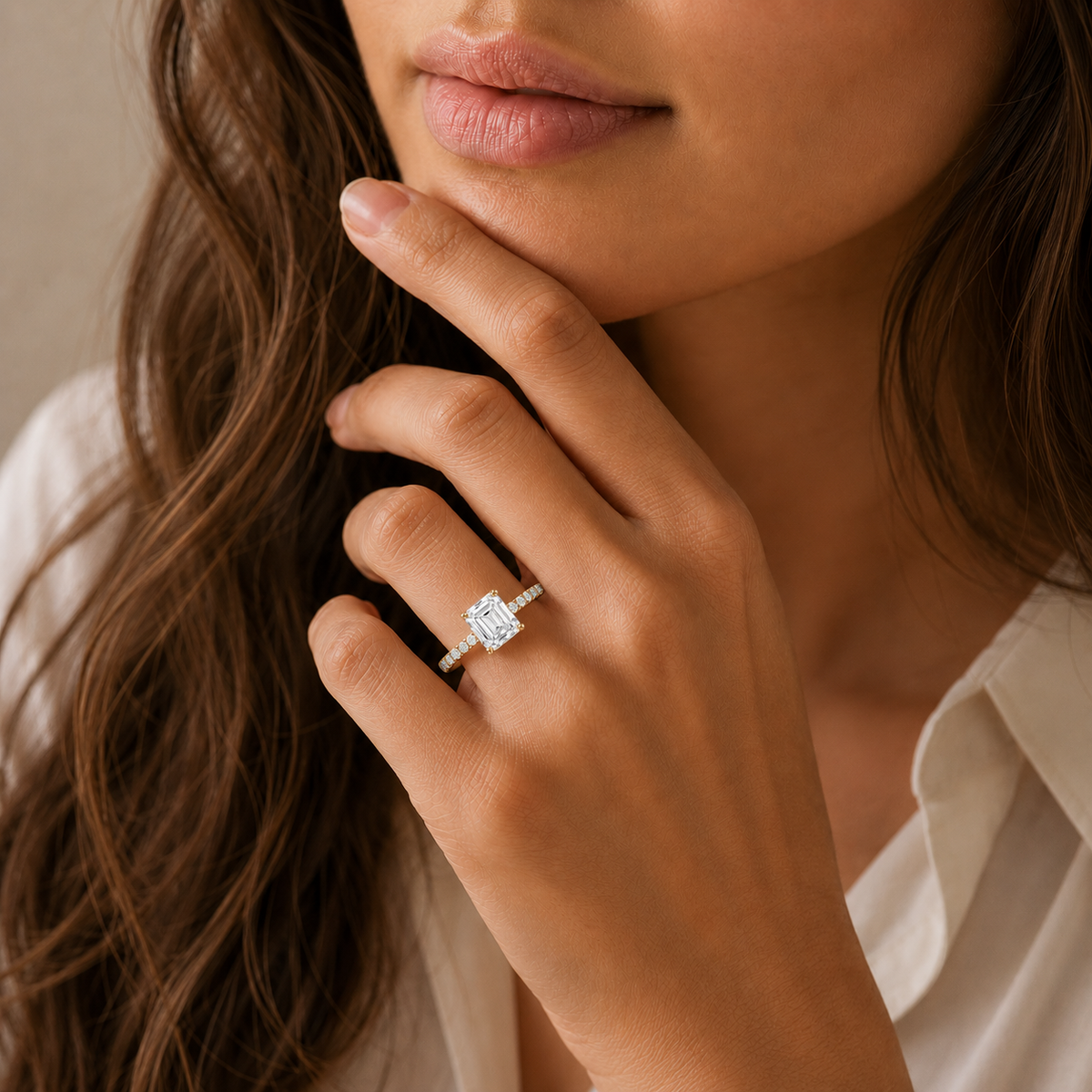 Square Emerald Lab Grown Diamond Solitaire Accent Ring