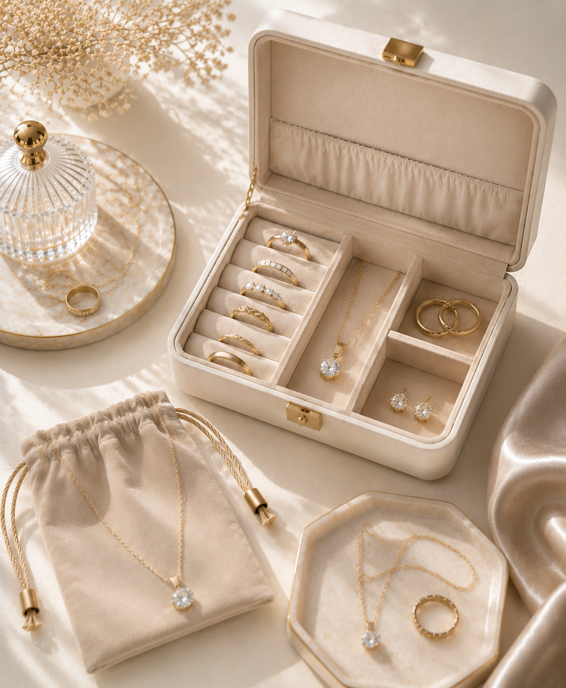 Beige jewelry box with compartments filled with gold jewelry on a light background