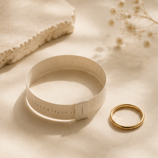 Collage of gold rings with measuring tools and jewelry display on a neutral background