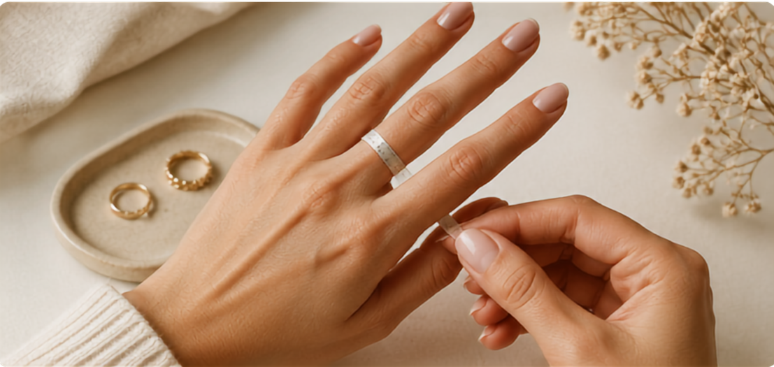 Close-up of hands with rings on a neutral background