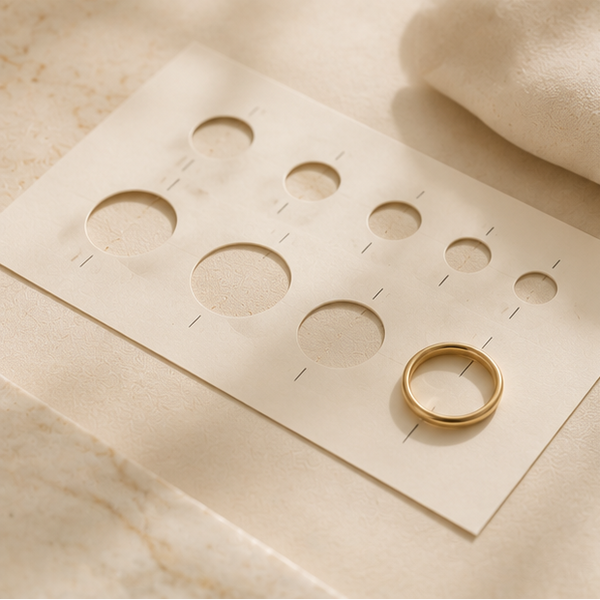 Collage of gold rings with measuring tools and jewelry display on a neutral background