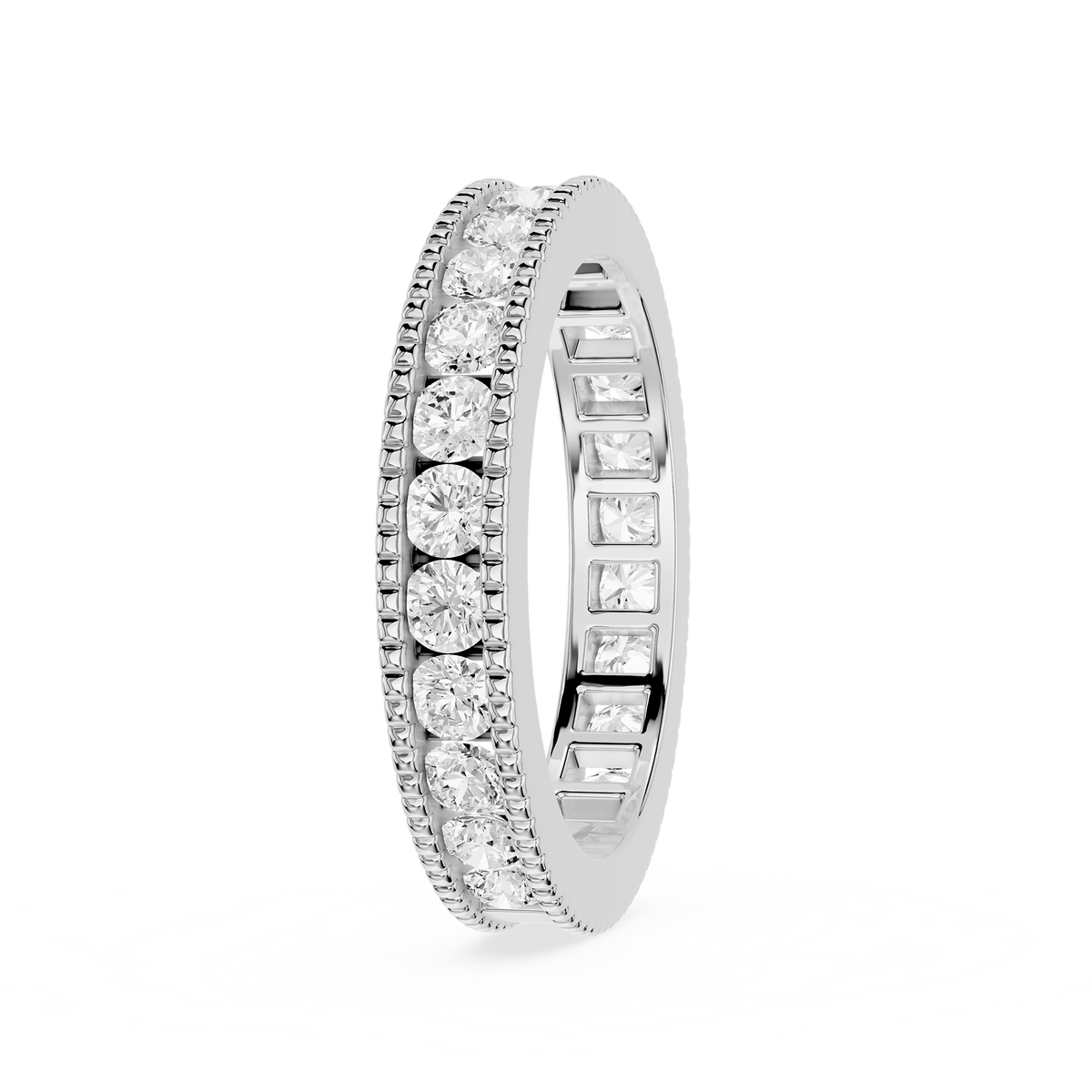 Channel set diamond band with round lab grown diamonds and polished gold edges