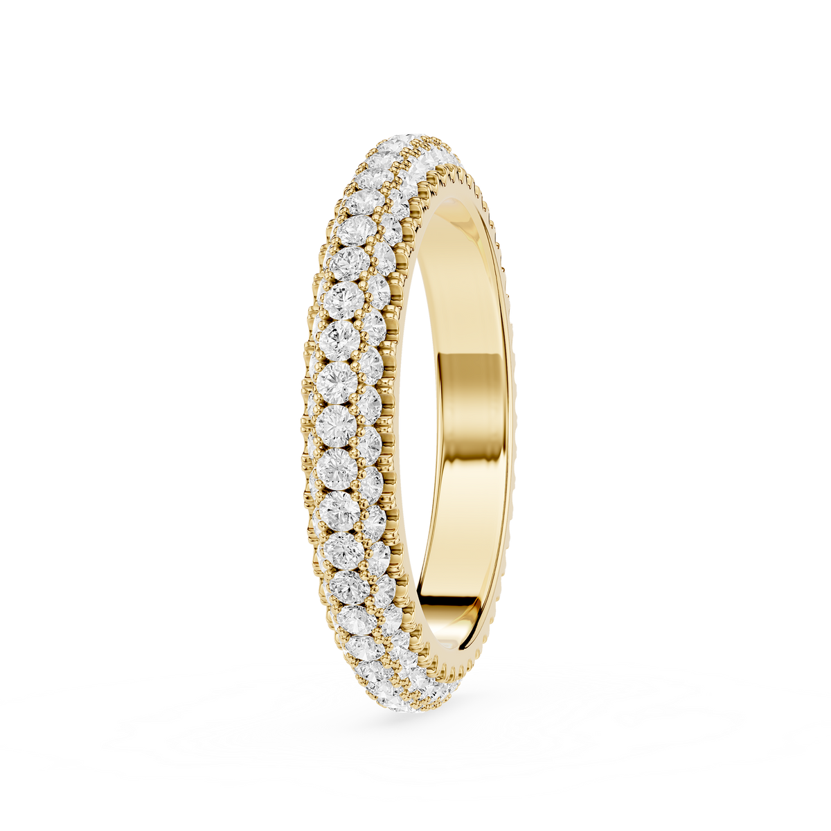 Three row round cut lab grown diamond eternity ring in yellow gold