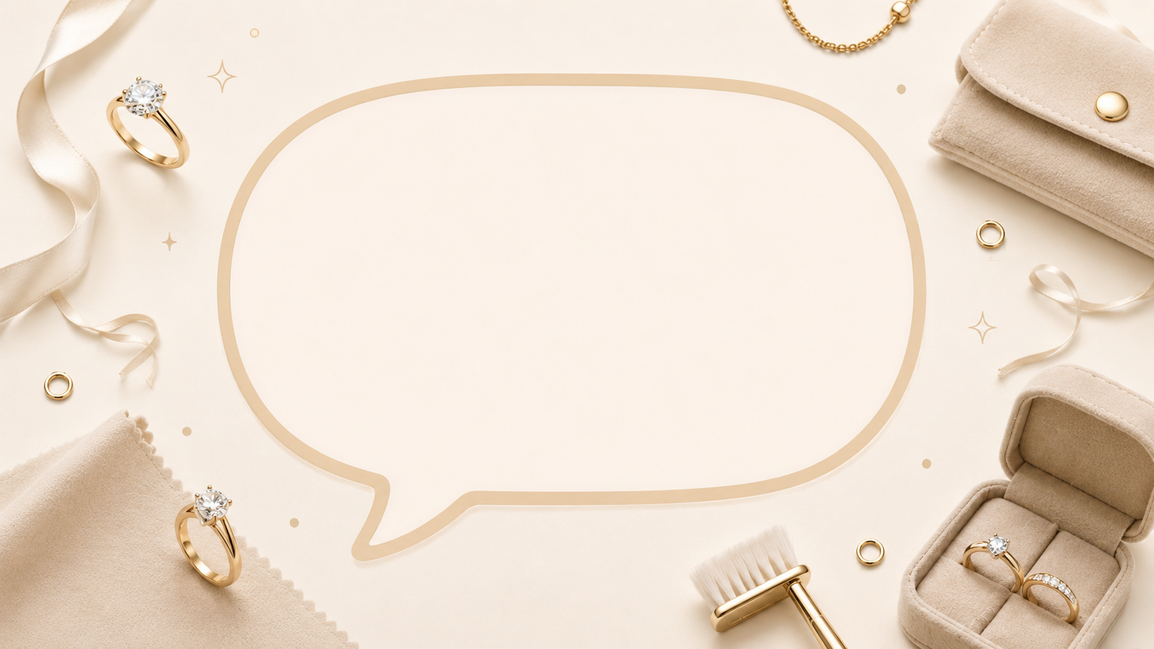Jewelry set with rings, a handbag, and a speech bubble on a beige background
