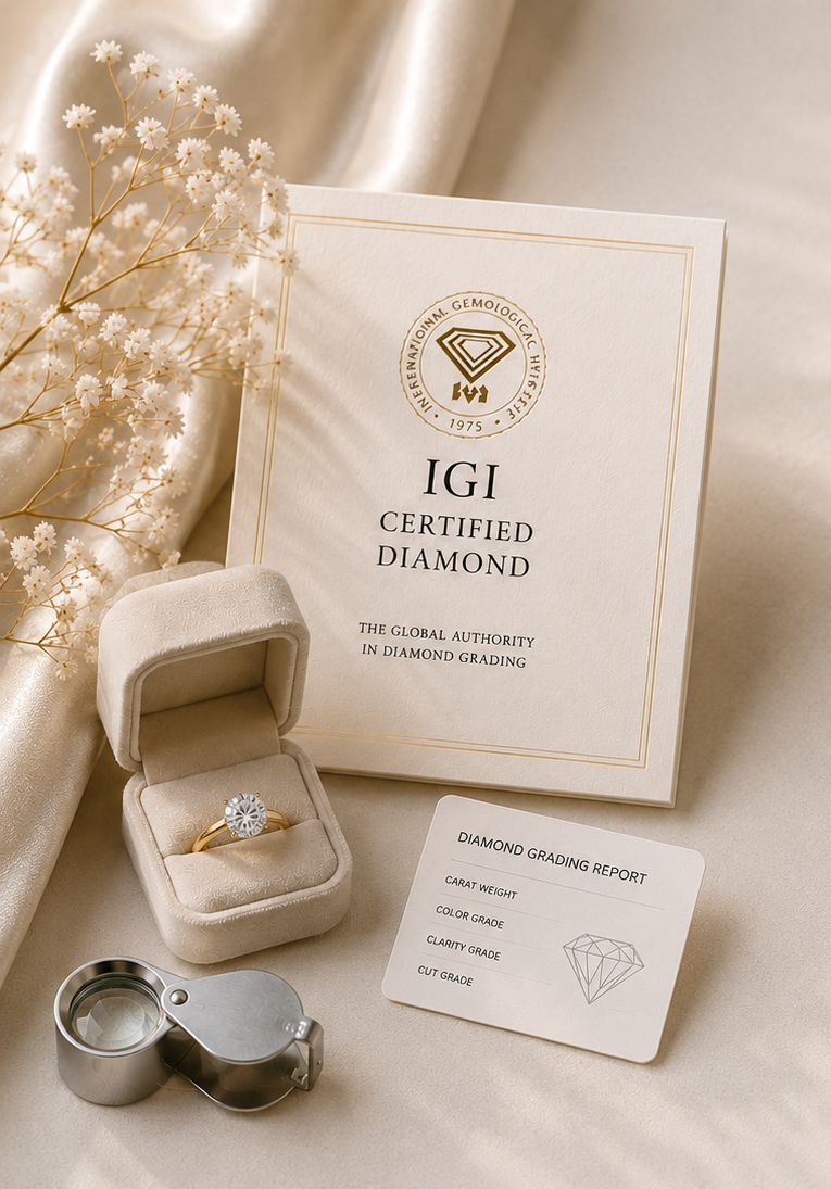 Diamond ring in a box with IGI certification on a soft surface