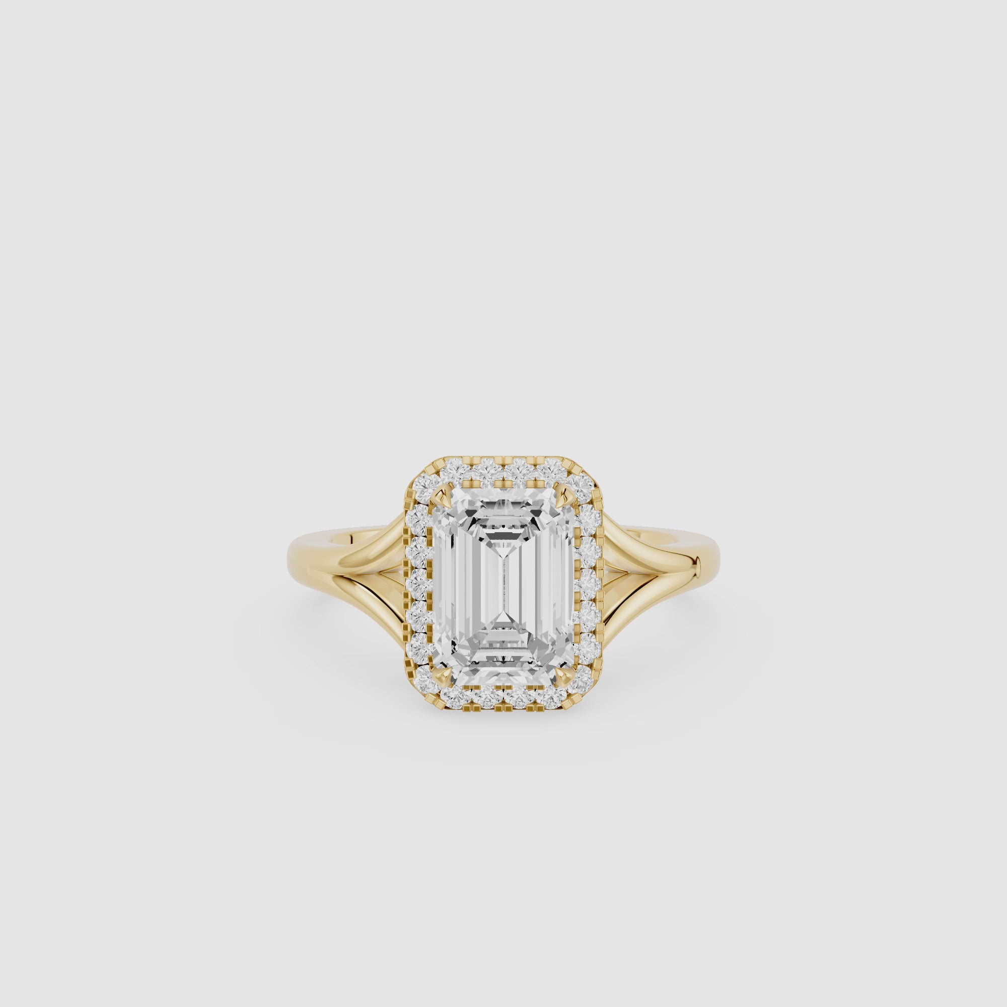 Emerald Lab Diamond Split Shank Halo Engagement Ring